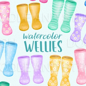 Wellington Boots Clipart, Watercolor Wellies Clipart Illustrations, Cute Rainboots Watercolor Designs, Colorful Welly Rain Boots