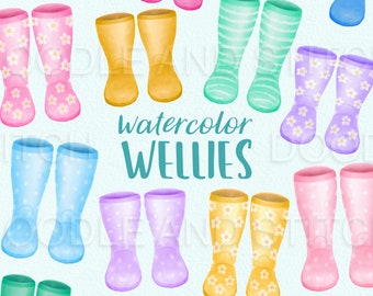 May include: A collection of watercolor illustrations of colorful rain boots, also known as wellies. The boots are in various colors and patterns, including yellow, pink, blue, green, and purple. The text "watercolor wellies" is written in teal blue.