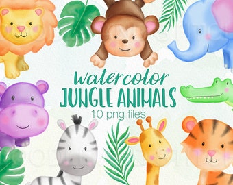 Watercolor Jungle Animal Clipart Illustrations, Watercolor Elephant, Lion Clip Art Pictures, Jungle Animal Clipart Designs, Commercial Use