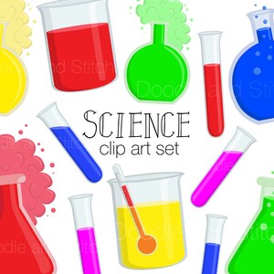Op de afbeelding: Een set science clip art met bekers, kolven en reageerbuizen gevuld met kleurrijke vloeistoffen. De bekers en kolven hebben borrelende vloeistoffen, en de reageerbuizen hebben verschillende gekleurde vloeistoffen. De tekst "SCIENCE clip art set" staat in het midden van de afbeelding.