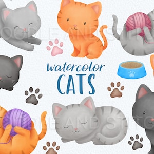 Watercolor Cats, Clipart Illustrations, Cute Cat Art Designs, Pet Illustrations, Watercolor Cat Clipart, Kitten clipart, Commercial use
