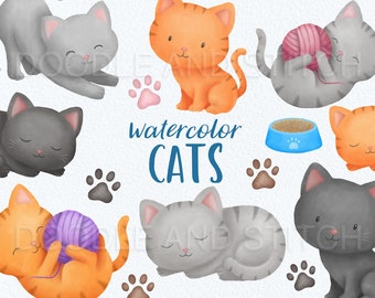 Watercolor Cats, Clipart Illustrations, Cute Cat Art Designs, Pet Illustrations, Watercolor Cat Clipart, Kitten clipart, Commercial use