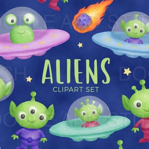 Conjunto de imágenes prediseñadas de extraterrestres, lindas ilustraciones de imágenes prediseñadas de extraterrestres, extraterrestres de acuarela, diseños de imágenes prediseñadas espaciales de acuarela, uso comercial