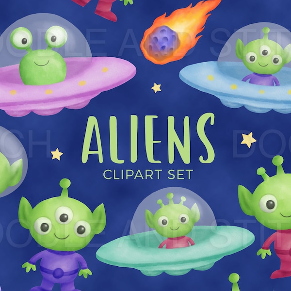 Aliens Clipart Set, Cute Alien Clip Art Illustrations, Watercolor Aliens, Watercolour Space Clipart Designs, Commercial Use