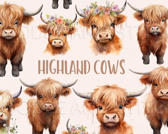 Cute Watercolor Highland Cow Clipart Illustrations, Commercial Use Watercolour Baby Highland Cows Clip Art Designs Instant Download
