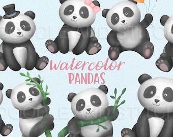 Cute Panda Clipart Illustrations, Watercolor Panda Clip Art, Panda Instant Download, Cute Animal Clipart, Commercial Use