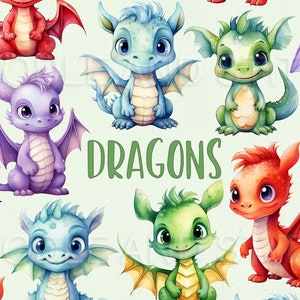 Cute Watercolor Dragon Clipart Set, Baby Dragons Watercolour Illustrations, Dragon Clip Art Designs, Instant Download Commercial Use