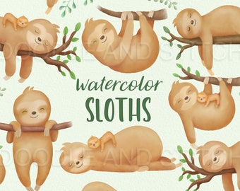 Cute Sloth Watercolor Clipart, Watercolour Sloths Clip Art Illustrations, Sleeping Sloths Clipart Designs, Commercial Use