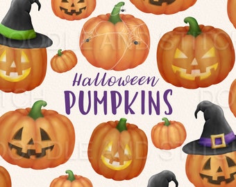 Halloween Pumpkin Clipart Set, Spooky Pumpkin Clip Art Illustrations, Watercolor Halloween Clipart Designs, Commercial Use, Instant Download