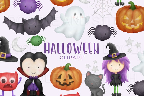 Halloween Watercolor Clipart Illustrations, Witch Vampire Pumpkin Clip Art Designs, Cute Halloween Graphics, Instant Download