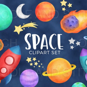 Ruimte clipart set, aquarel ruimte illustraties, aquarel planeten clip art ontwerpen, ruimte raket clipart, commercieel gebruik