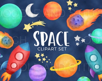 Space Clipart Set, Watercolor Space Illustrations, Watercolor Planets Clip Art Designs, Space Rocket Clipart, Commercial Use