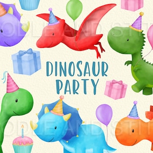 Ensemble de Clipart fête dinosaure, aquarelle Dino Party Clip Art, Illustrations de dinosaure aquarelle, conceptions d’anniversaire, usage Commercial