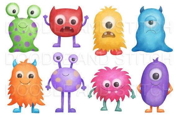 Watercolor Monsters Clipart Set, Cute Watercolour Monsters Designs,  Colorful Monster Clip Art Illustrations, Commercial Use Clipart