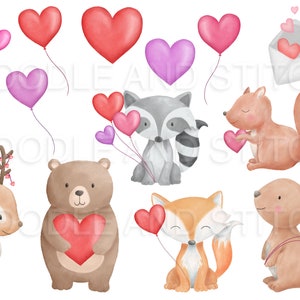 May include: A set of Valentine's Day themed digital clipart featuring various animals holding hearts and balloons. The animals include a deer, bear, raccoon, squirrel, fox, and rabbit. The colours are pink, red, and brown.