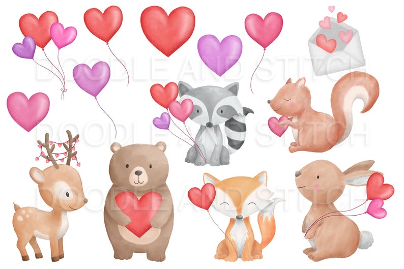 May include: A set of Valentine's Day themed digital clipart featuring various animals holding hearts and balloons. The animals include a deer, bear, raccoon, squirrel, fox, and rabbit. The colours are pink, red, and brown.