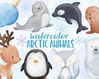 Arctic Animals Watercolor Clipart, Winter Animals Watercolour Illustrations, Cute Polar Bear, Penguin, Reindeer, Orca Clip Art Designs