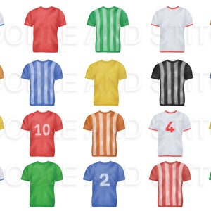 Puede incluir: Veinte camisetas de f&uacute;tbol de estilo acuarela con diferentes colores y n&uacute;meros. Las camisetas tienen rayas, colores s&oacute;lidos y n&uacute;meros del 1 al 10.