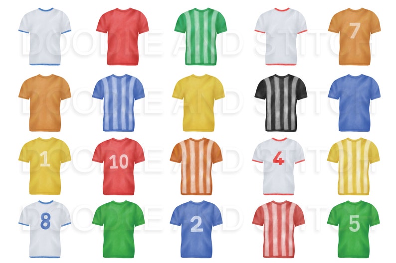 Puede incluir: Veinte camisetas de f&uacute;tbol de estilo acuarela con diferentes colores y n&uacute;meros. Las camisetas tienen rayas, colores s&oacute;lidos y n&uacute;meros del 1 al 10.