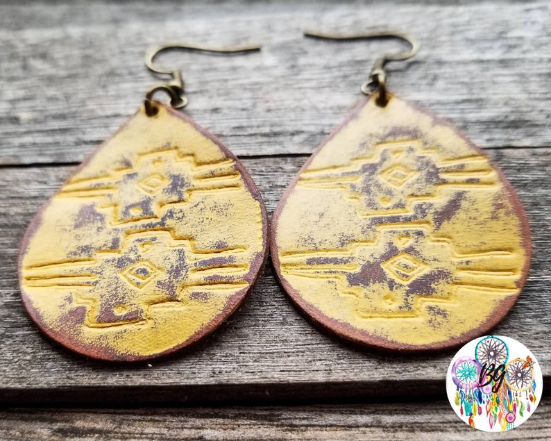 Stamped Leather Teardrop Earrings Distressed Hand Painted Etsy