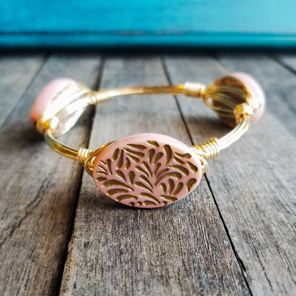 Light coral/peach wire wrapped bangle, bracelet, Bourbon and boweties inspired