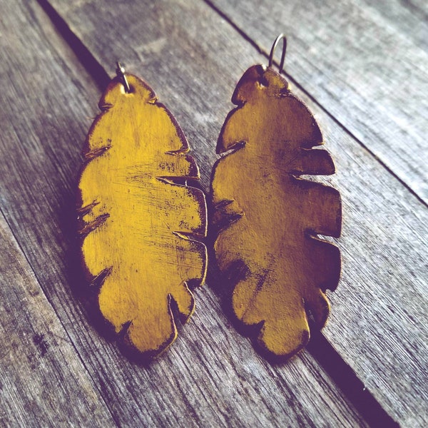 Mustard Leather Leaf Earrings Distressed Hand Painted Leather Jewelry Leather Gifts for her Essential Oils Diffuser