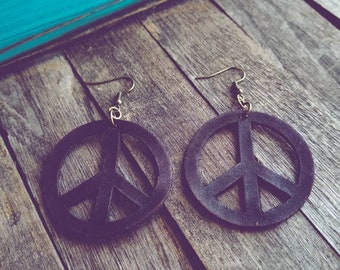 Peace Leather Earrings/Brown Leather Earrings/Peace Sign Leather Earrings/Leather Jewelry/Essential Oils Diffuser/Hand dyed