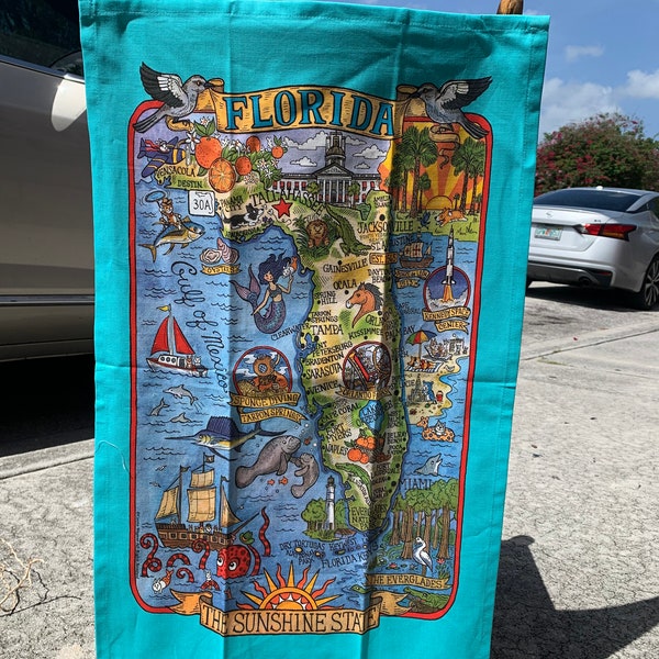 Florida Map Kitchen Towel, souvenir towel, retro, inspired, vintage look, Florida state map, Miami, keys, Tallahassee, Boca, Florida beaches