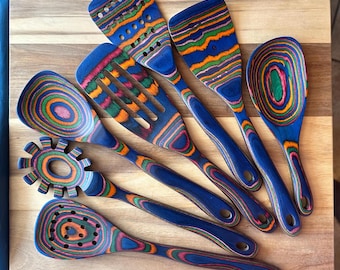 Colorful Blue Pakkawood  Kitchen Utensils, kitchenware, Wooden spoon, wooden Spatula, cooking utensils, baking utensils, orange, green, blue