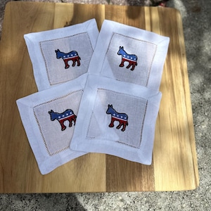 Embroidered Democratic Party Linen Coaster, donkey,  Coaster, bar linen, hostess gift, housewarming, cocktails, girls night out,