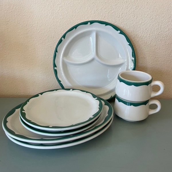 Vintage Green Crest Restaurant Ware - Mixed Set of Shenango and Syracuse Green Crest Restaurant China - 6 Piece Set Vintage Restaurant Ware