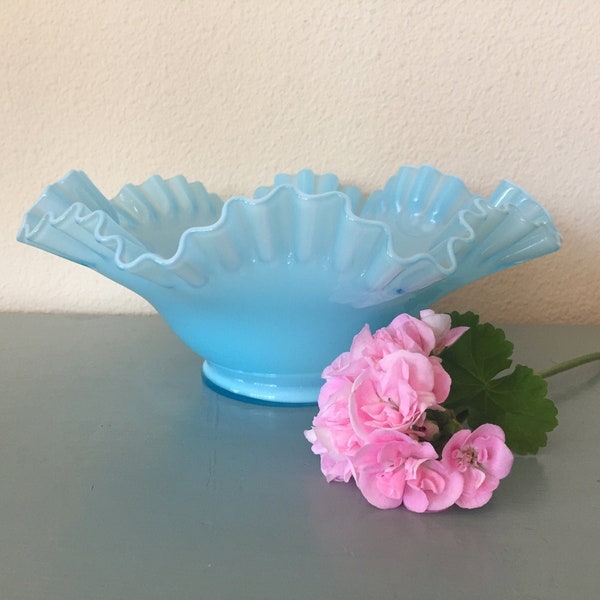 Fenton Blue Bowl with Ruffled and Crimped Edge - Vintage Art Glass Bowl - Vintage Fenton Blue Collectible Glass