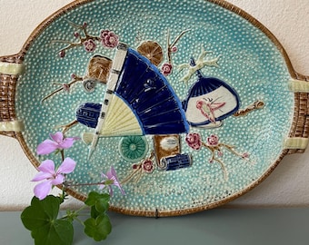 Antique Majolica Platter: Fan & Butterfly Pattern