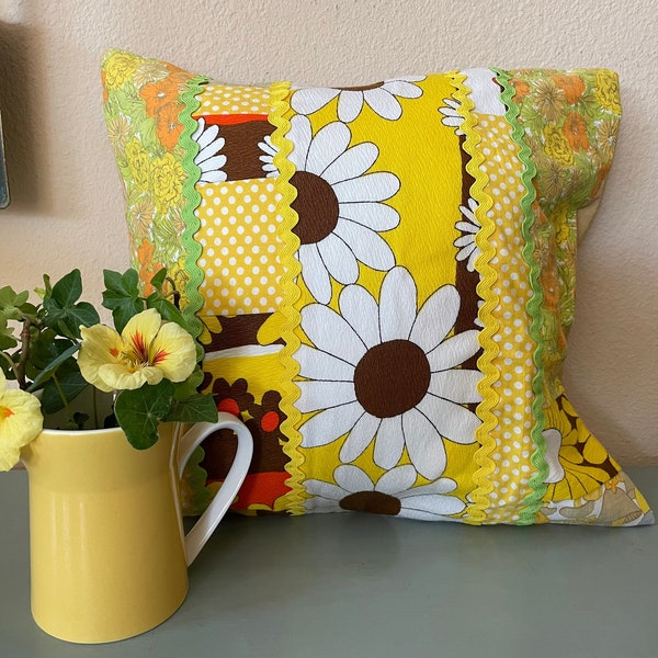 Vintage Fabric Pillow Cover  - Scrappy 1970s Fabric Decorative Pillow Cover - Flower Power Patchwork Pillow - Handmade Pillow Cover