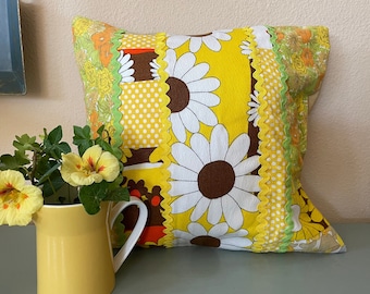 Vintage 1970s Fabric Patchwork Pillow Cover - Scrappy Flower Power Pattern