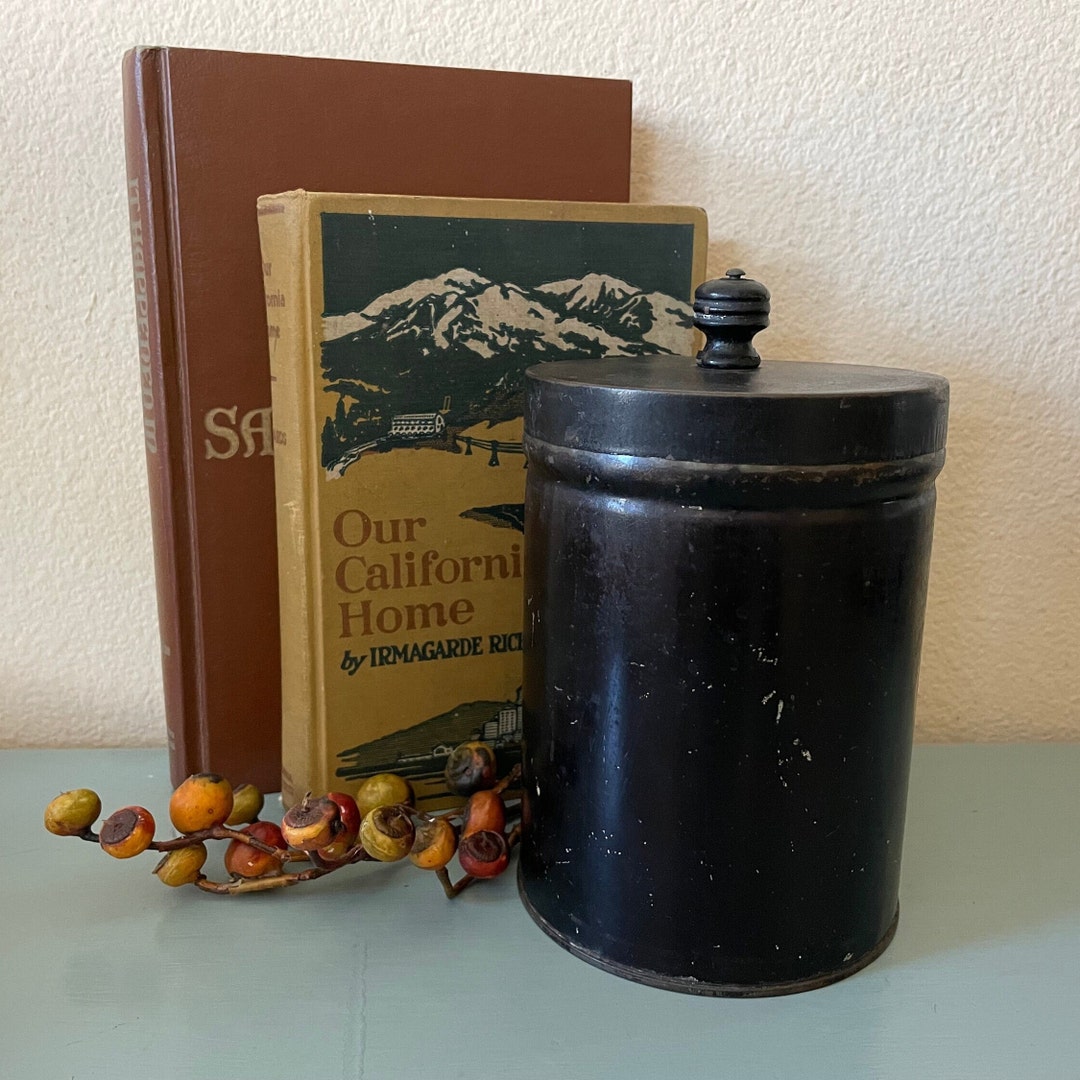 Vintage Metal Canister Black Metal Canister With Wooden Knob Primitive