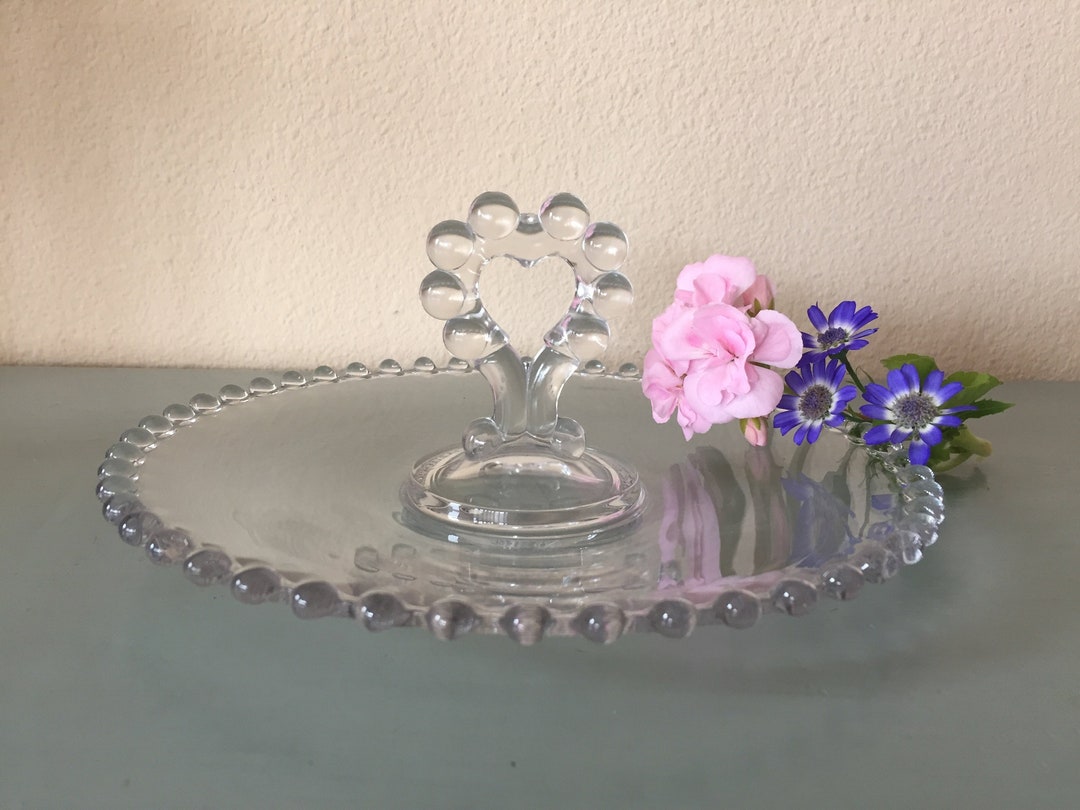 Candlewick Glass Round Serving Plate With Heart Handle Vintage
