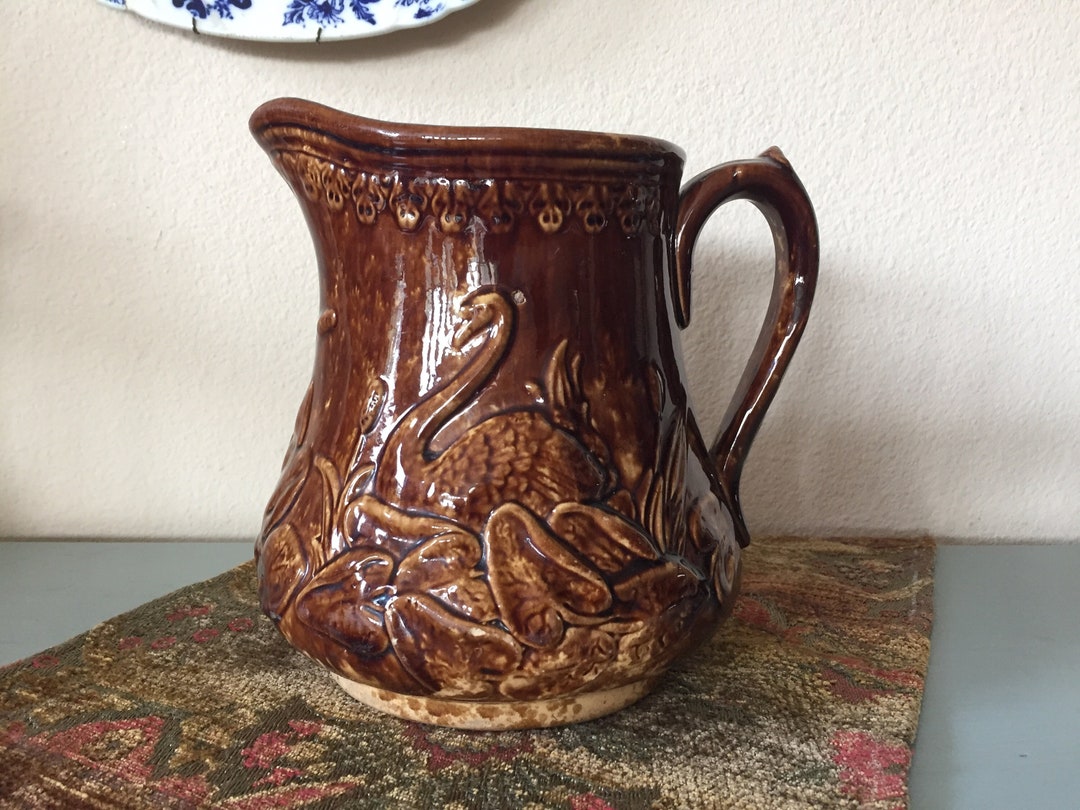 Vintage Brown Pottery Pitcher Bennington Rockingham Yellow Ware Pitcher