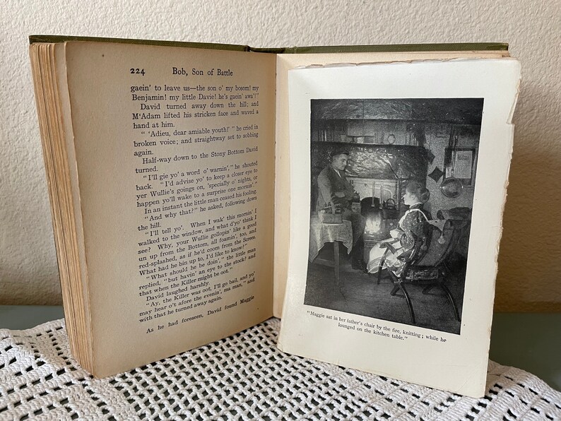 May include: An open book with a green cover and aged pages. The left page displays text, while the right page features a black and white illustration of two people in a room. The text reads "Bob, Son of Battle."