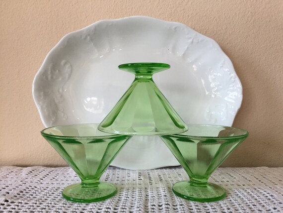 Green Depression Glass Sherbet Dishes Federal - Vintage Green Glass Dessert Plates Green Depression Glass Sherbet Dishes Federal - Vintage Green Glass Dessert Plates