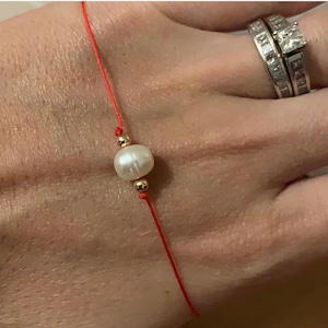 Dainty Fresh water pearl, 14k gold filled (non tarnishing), sterling silver, red string bracelet