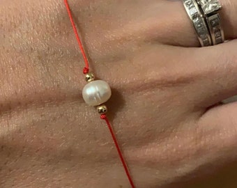 Dainty Fresh water pearl, 14k gold filled (non tarnishing), sterling silver, red string bracelet