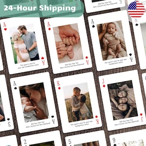 May include: A deck of playing cards featuring personalized photos. Each card displays a different family photo, with the suit symbols and card values visible. The cards have text that reads "Add Your Own Text" and "This space is also for your own handwritten notes!"