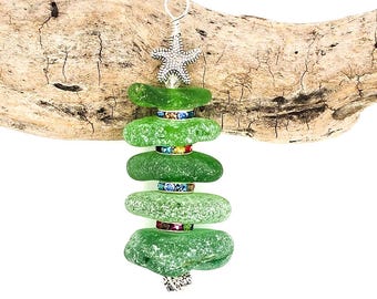 Sea Glass Christmas Tree Ornament: Genuine Beach Glass, Silver Wire