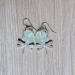 Genuine Sea Glass/Seafoam Sea Glass Earrings/Dragonfly Earrings/Sea Glass and Sterling Silver Earrings/Gift for Her/Nautical Earrings
