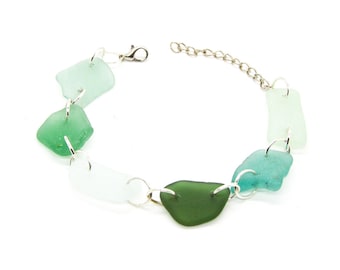 Echte zeeglasarmband: aqua, blauwgroen en wit strandglas, nautische sieraden