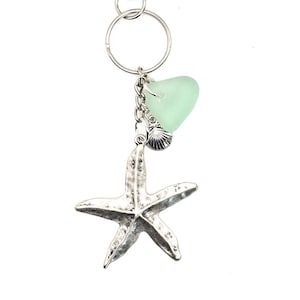 Echte Seafoam zeeglas tashanger, ritssluiting, sleutelring, zeester en schelphanger