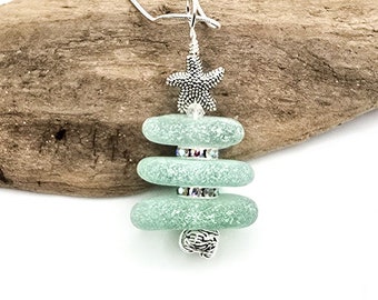 Genuine Sea Glass/Sea Glass Jewelry/Sea Glass Christmas Tree/Christmas Tree Pendant and Earrings/Holiday Jewelry/Christmas Necklace/87