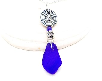 Sea Glass Pendant/Sea Glass Necklace/Sea Glass Jewelry/Cobalt Blue Genuine Sea Glass/Swarovski Crystals/Gift for Her/Unique Gift/75