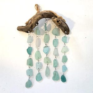 Genuine Sea Glass Suncatcher: Teal, Seafoam, & White - Driftwood Mobile